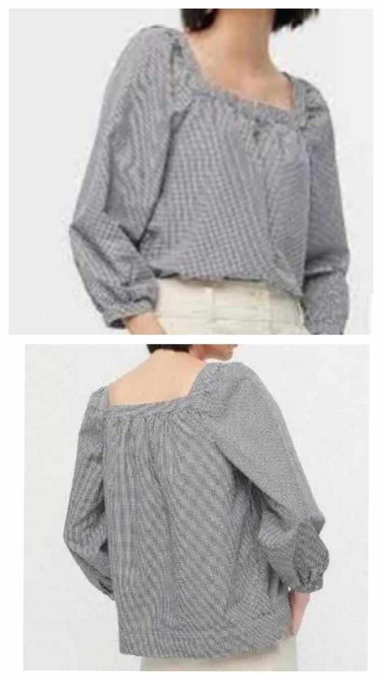 J Crew Penny Peasant Gingham Square Neck 3/4 Sleeve Top Black White XS